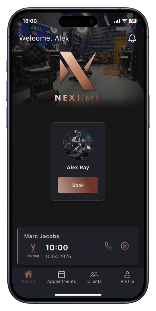 NexTime mobile app screenshot